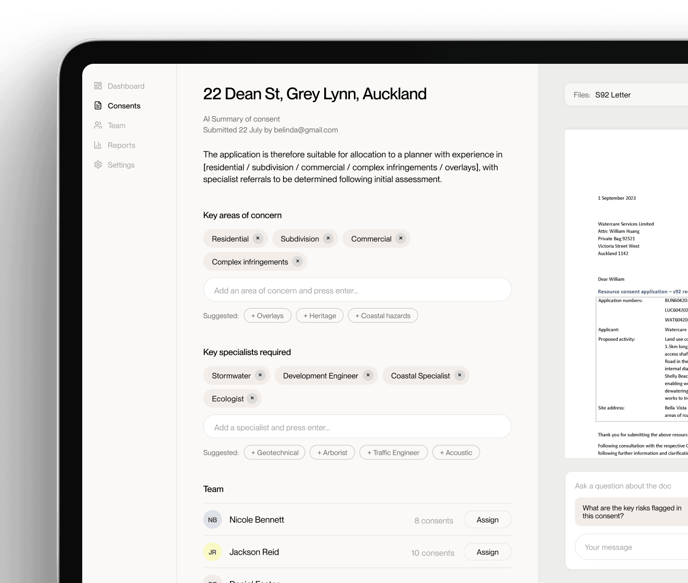 Planning consent dashboard showing a consent summary, areas of concern, required specialists and the assigned team