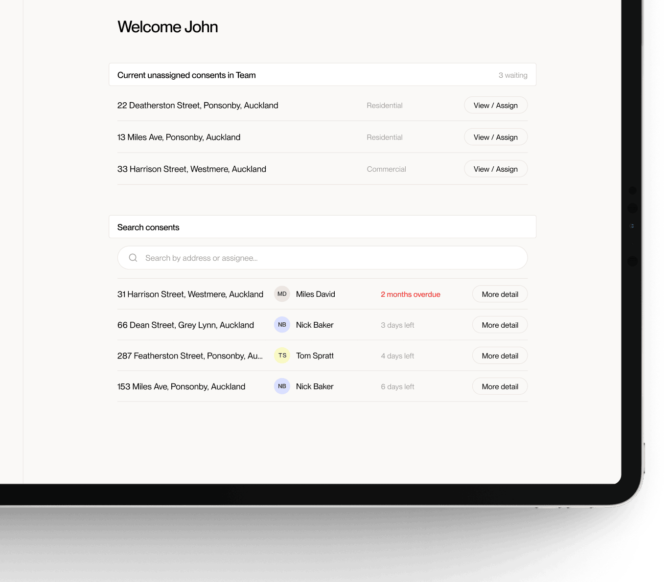 Planning interface routing consent documents and requests to the right team members