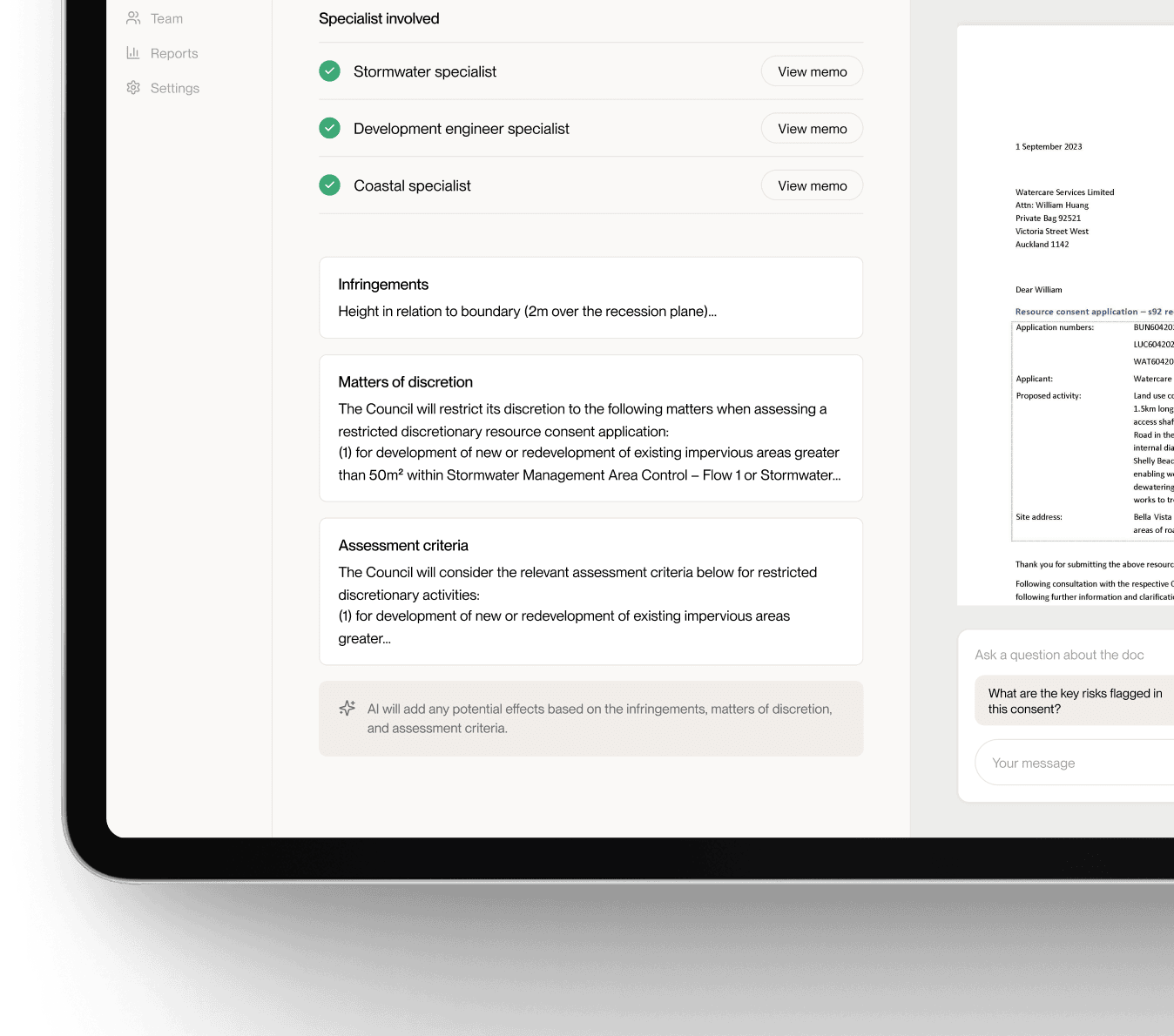 Applicant-facing view showing real-time status of a resource consent